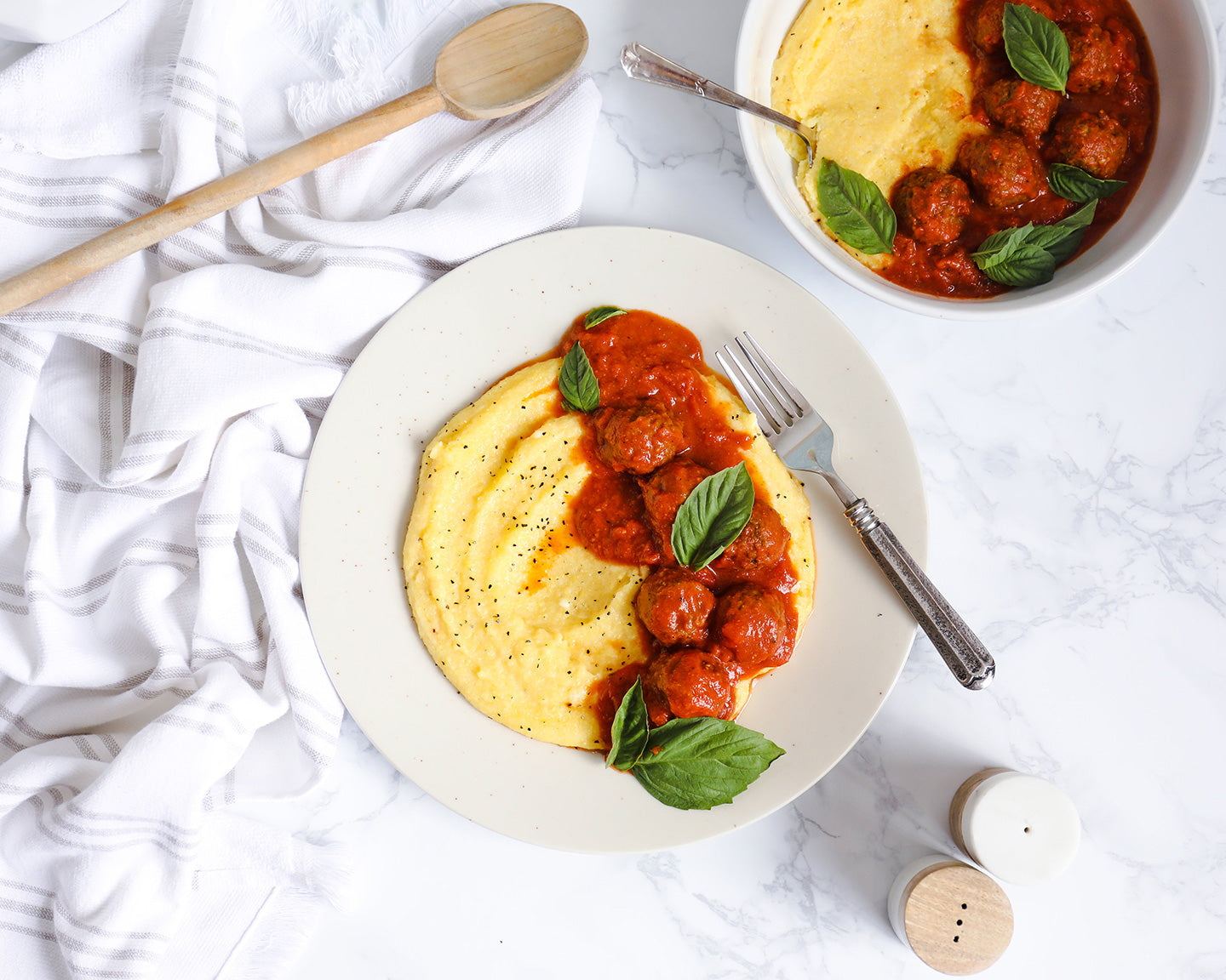 Vegan ‘Meatballs’ with Creamy Tomato Sauce and Garlic Polenta