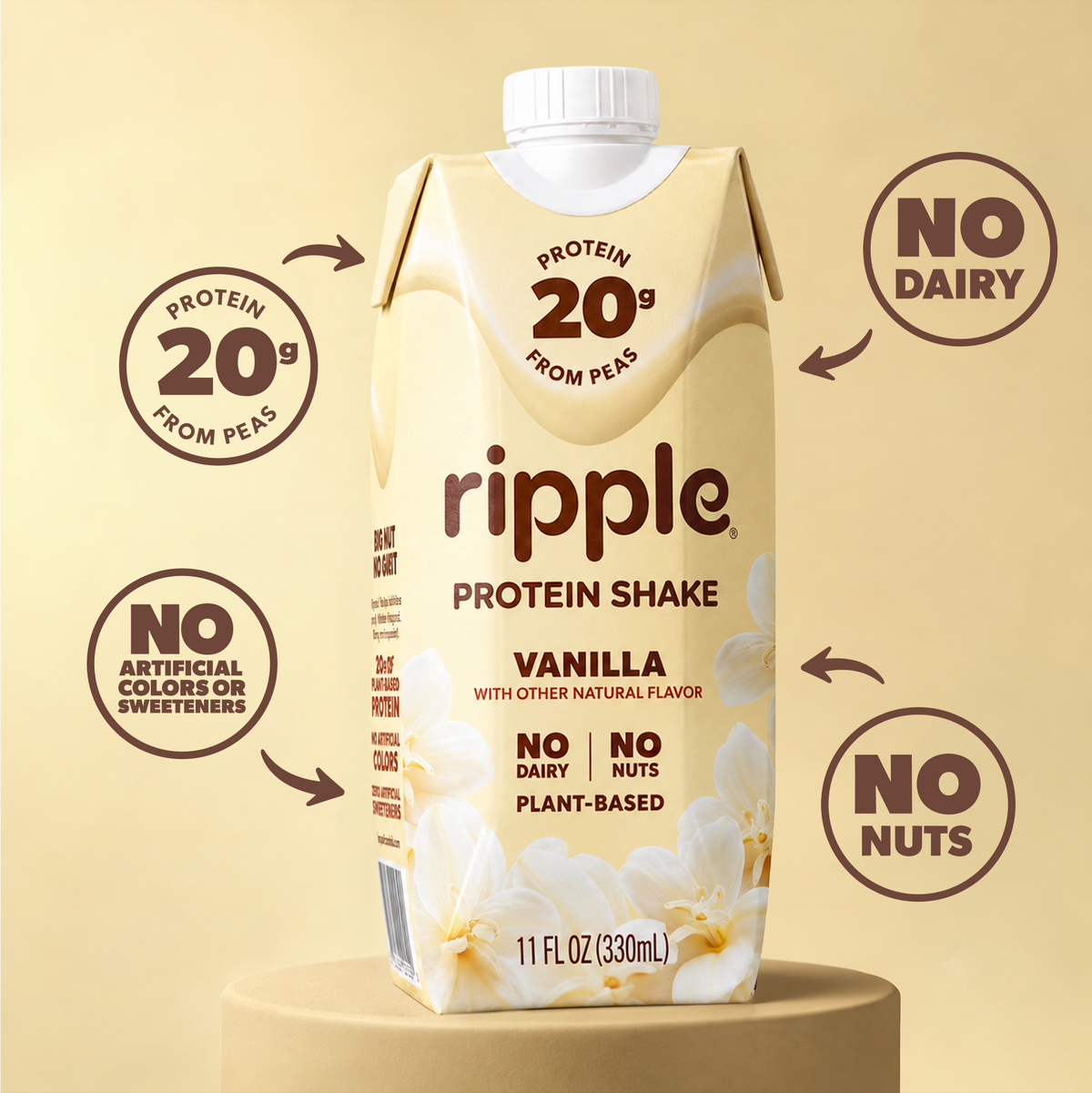 Ripple Vanilla Plant-Based Protein Shake 11 oz (Pack of 12)