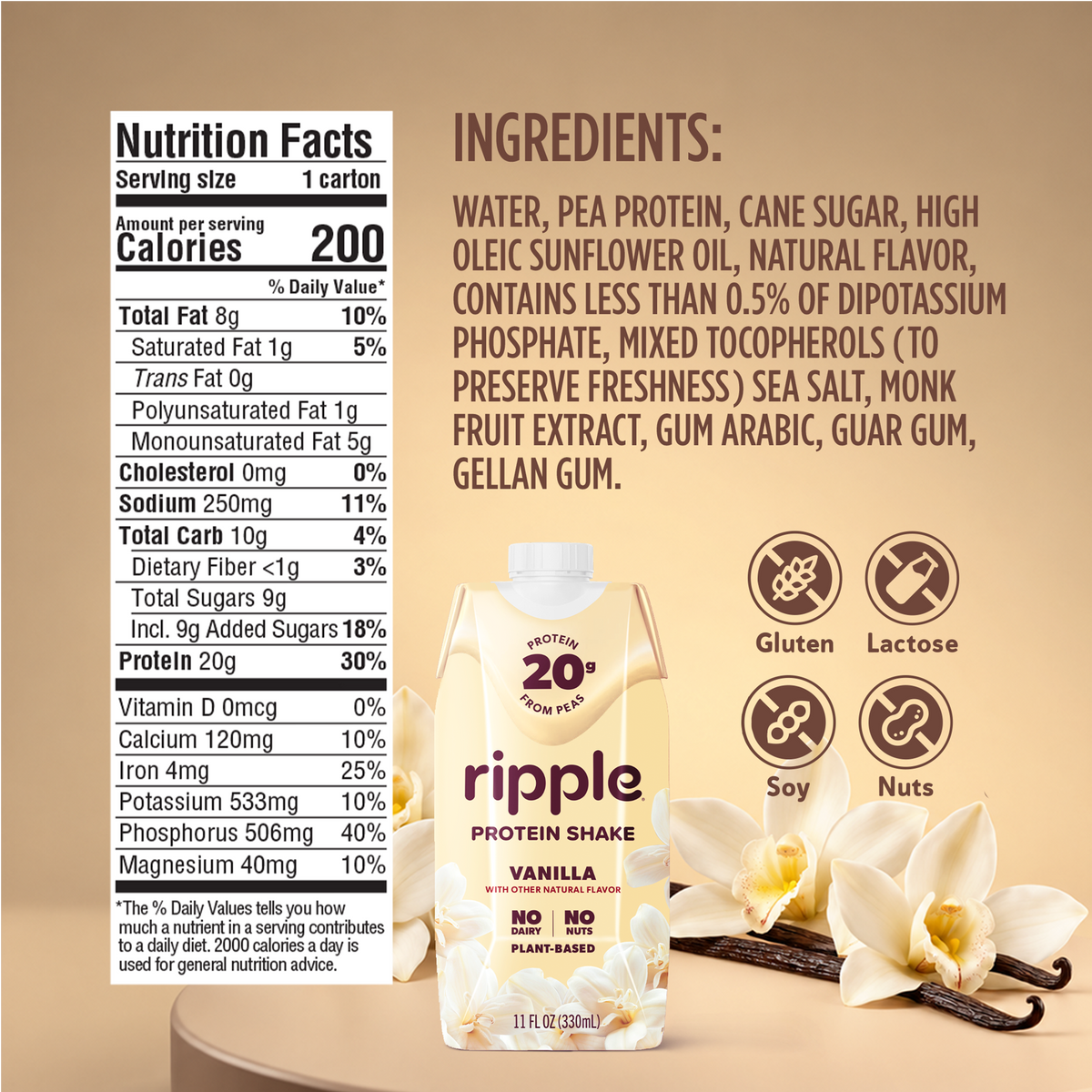 Ripple Vanilla Plant-Based Protein Shake 11 oz (Pack of 12)