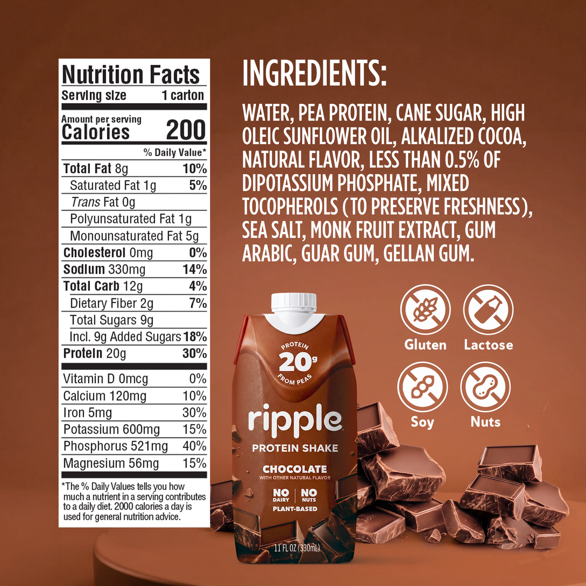 Ripple Chocolate Plant-Based Protein Shake 11 oz (12-Pack)